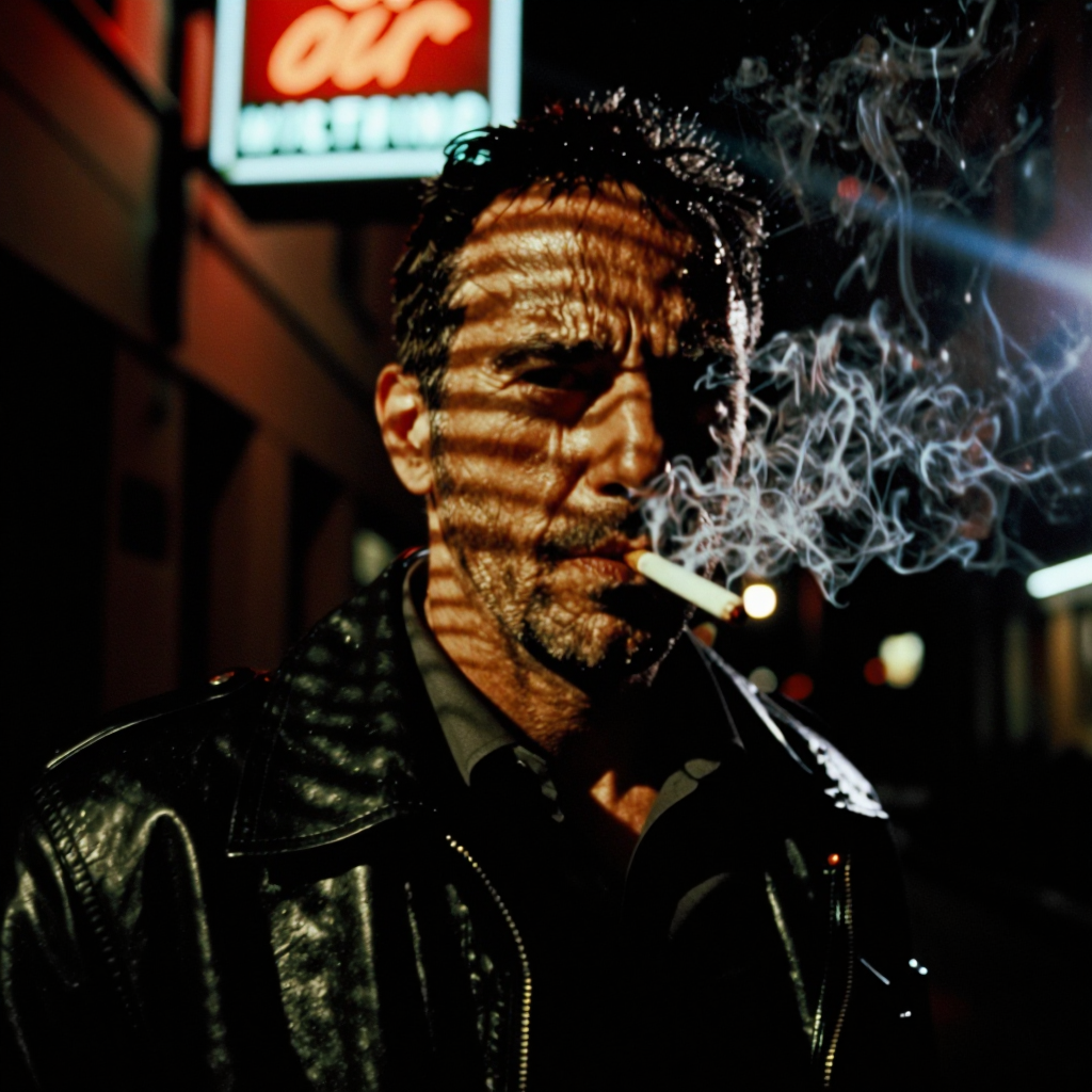 Detective under a neon sign, venetian-blind shadows