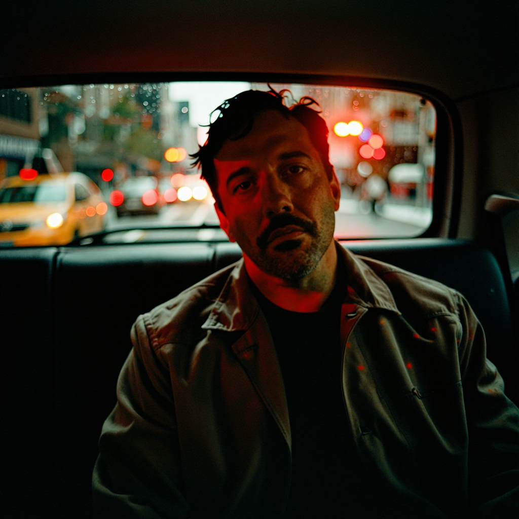 Tired man in the back of a taxi at night