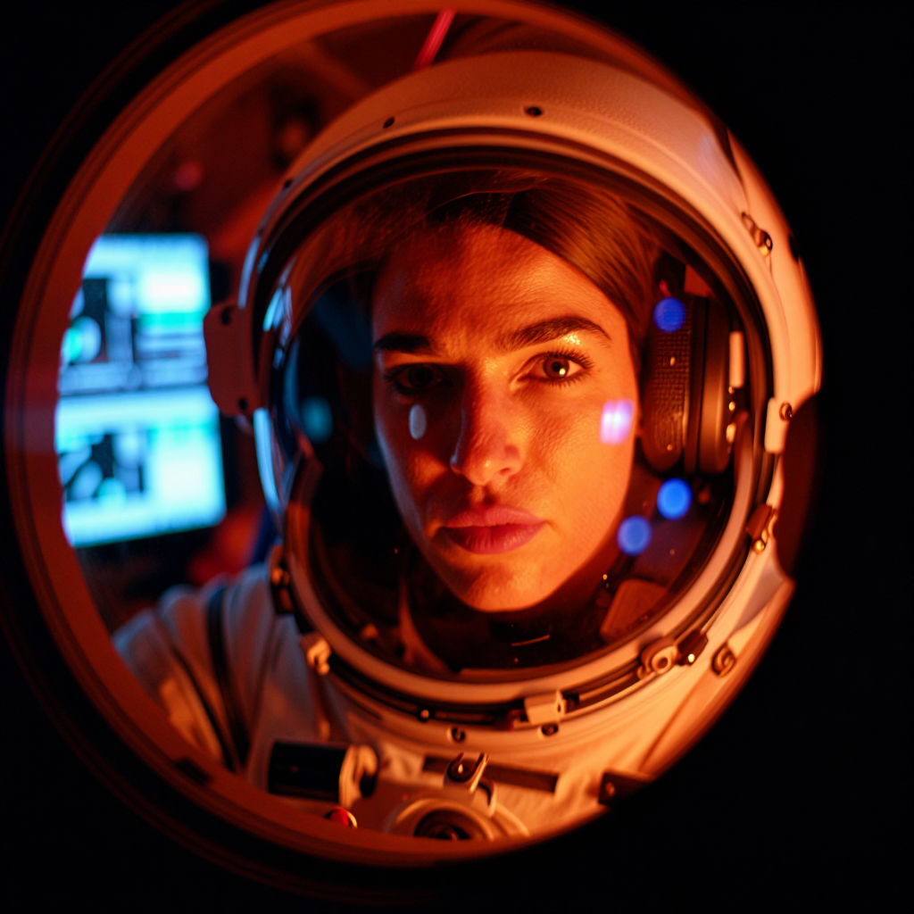 Astronaut lit orange by re-entry glow